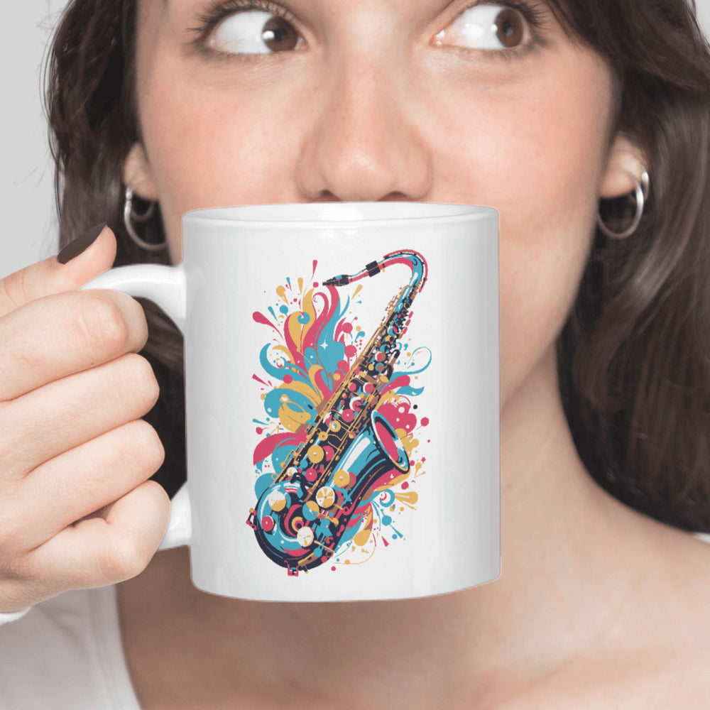 Tailorly White Ceramic 11 oz Mug - Vibrant Colorful Musical Instrument With Artistic Abstract Splashes Surrounding Saxophone