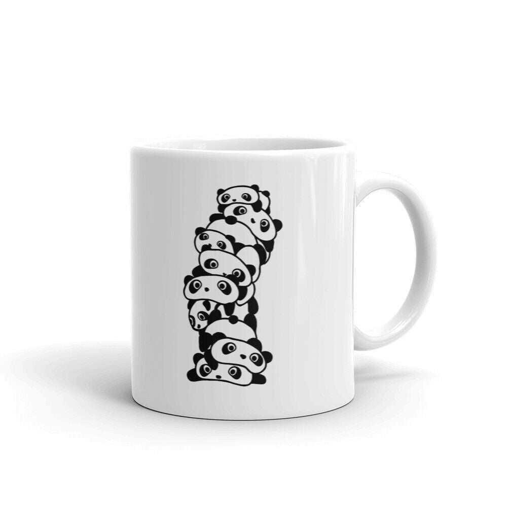 Tailorly White Ceramic 11 oz Mug - Minimalist Black And White Illustration Of Adorable Cartoon Bears Stacked High Panda