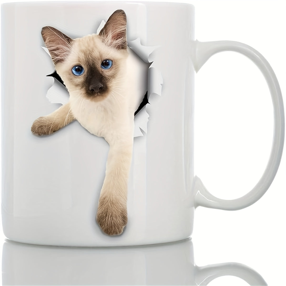 Tailorly White Ceramic 11 oz Mug - Adorable Blue Eyed Siamese Kitten Peeking Out From Cracked White Surface Cat