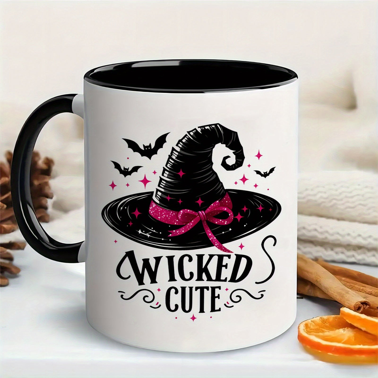 Tailorly Black Accent 11 oz Mug - gothic witch hat bat pink bow lettering