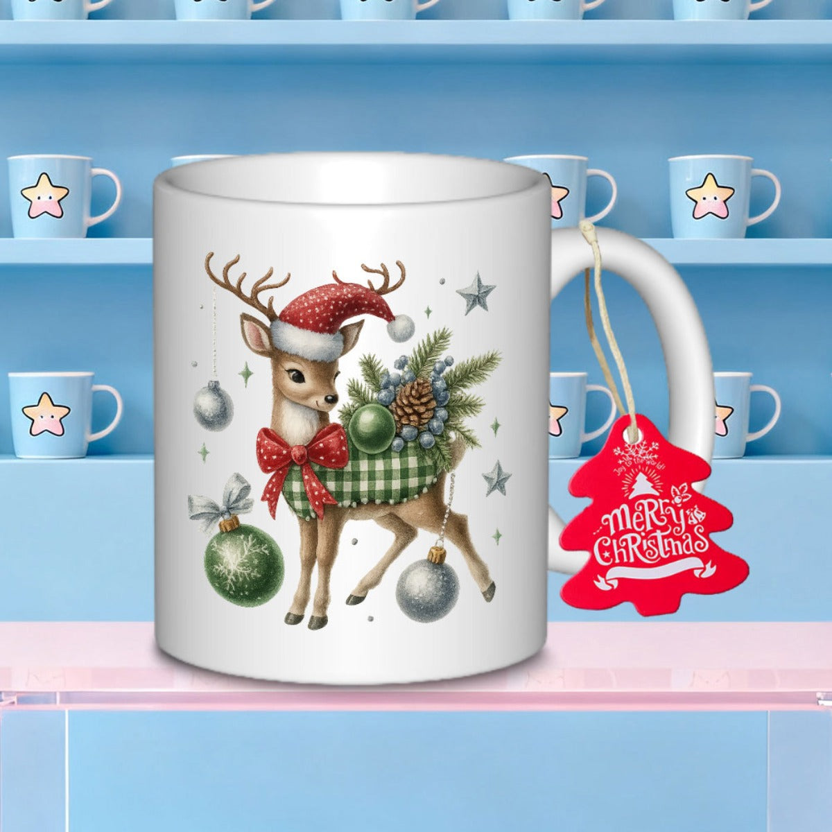 Tailorly White Ceramic 11 oz Mug - Merry Christmas Festive Reindeer Wearing Santa Hat And Plaid Vest Surrounded By Ornaments Deer