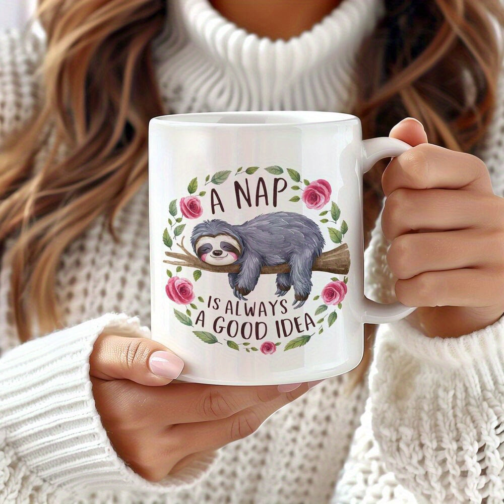 Tailorly White Ceramic 11 oz Mug - A Nap Is Always A Good Idea Sleepy Animal Resting On Tree Branch Within Colorful Floral Rose Wreath Sloth