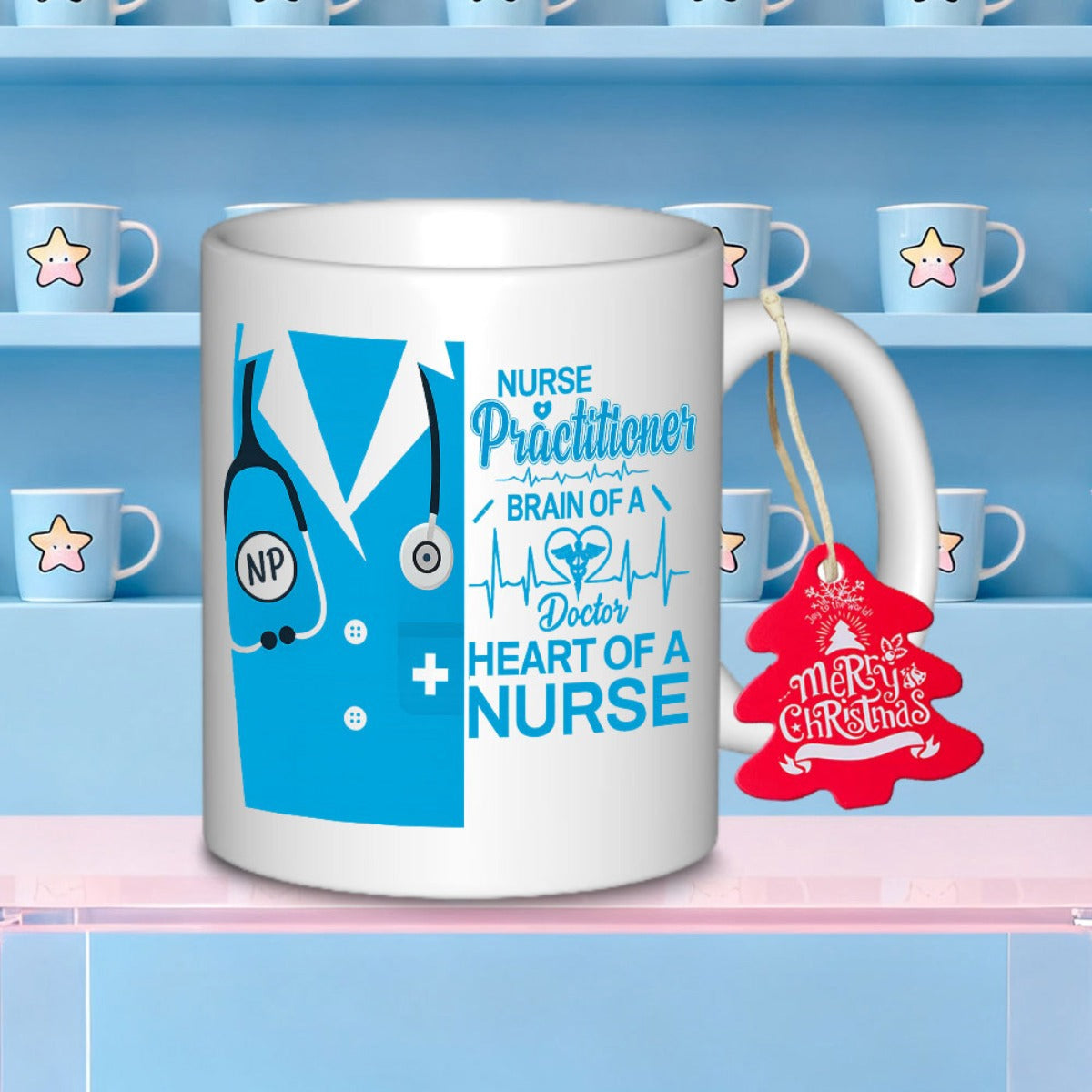 Tailorly White Ceramic 11 oz Mug - Nurse Practitioner Brain Of A Doctor Heart Of A Nurse Stylized Professional Blue Medical Scrub Uniform With Stethoscope Mug