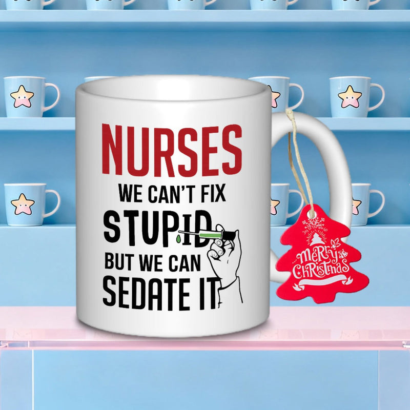 Tailorly White Ceramic 11 oz Mug - Nurses We Cant Fix Stupid But We Can Sedate It Merry Christmas Hand Holding A Medical Syringe With Green Color Inside A Sharp