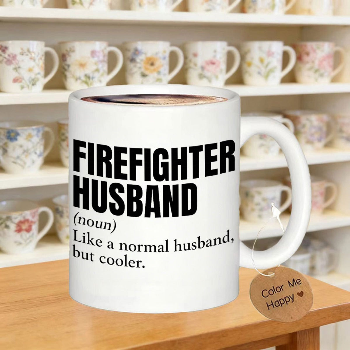 Tailorly White Ceramic 11 oz Mug - Firefighter Husband Like A Normal Husband But Cooler Simple Bold Black Typography Centered On A Polished
