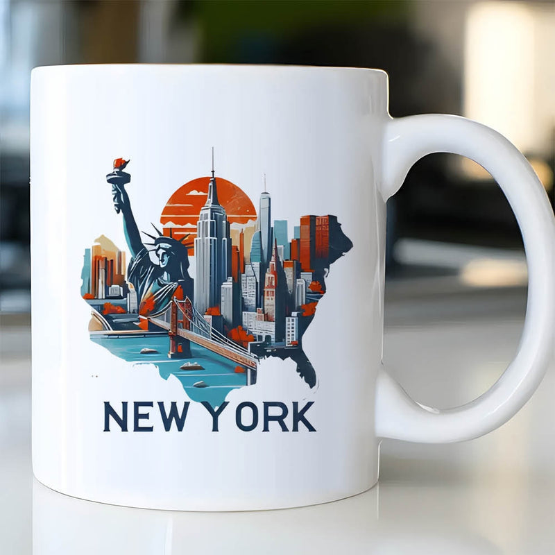 Tailorly White Ceramic 11 oz Mug - New York Detailed City Landmarks Featuring Statue Of Liberty Under Red Sun Skyline