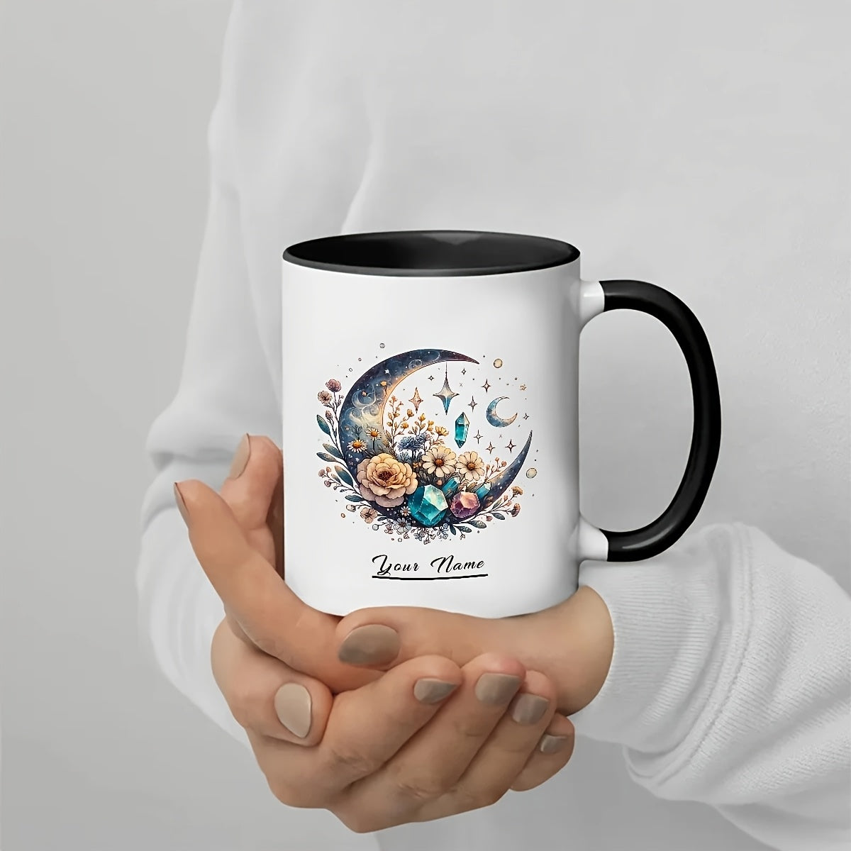 Tailorly Black Accent 11 oz Mug - floral starry night design with name engraving