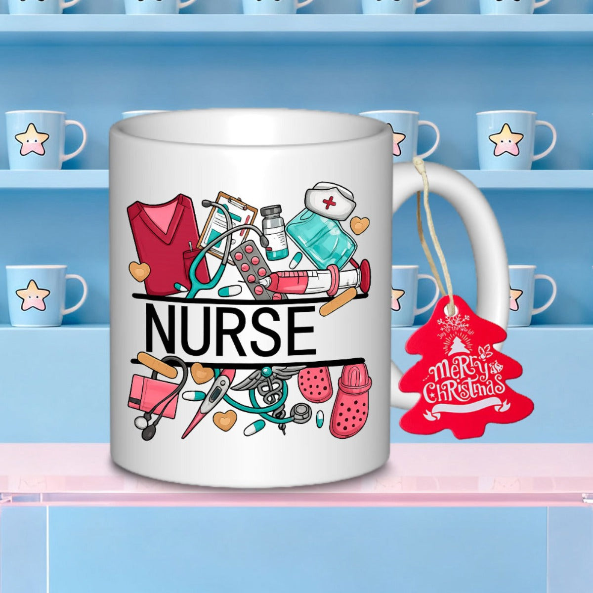 Tailorly White Ceramic 11 oz Mug - Nurse Merry Christmas Colorful Medical Supplies Including Stethoscope And Scrubs With Syringe Illustrations Nurse