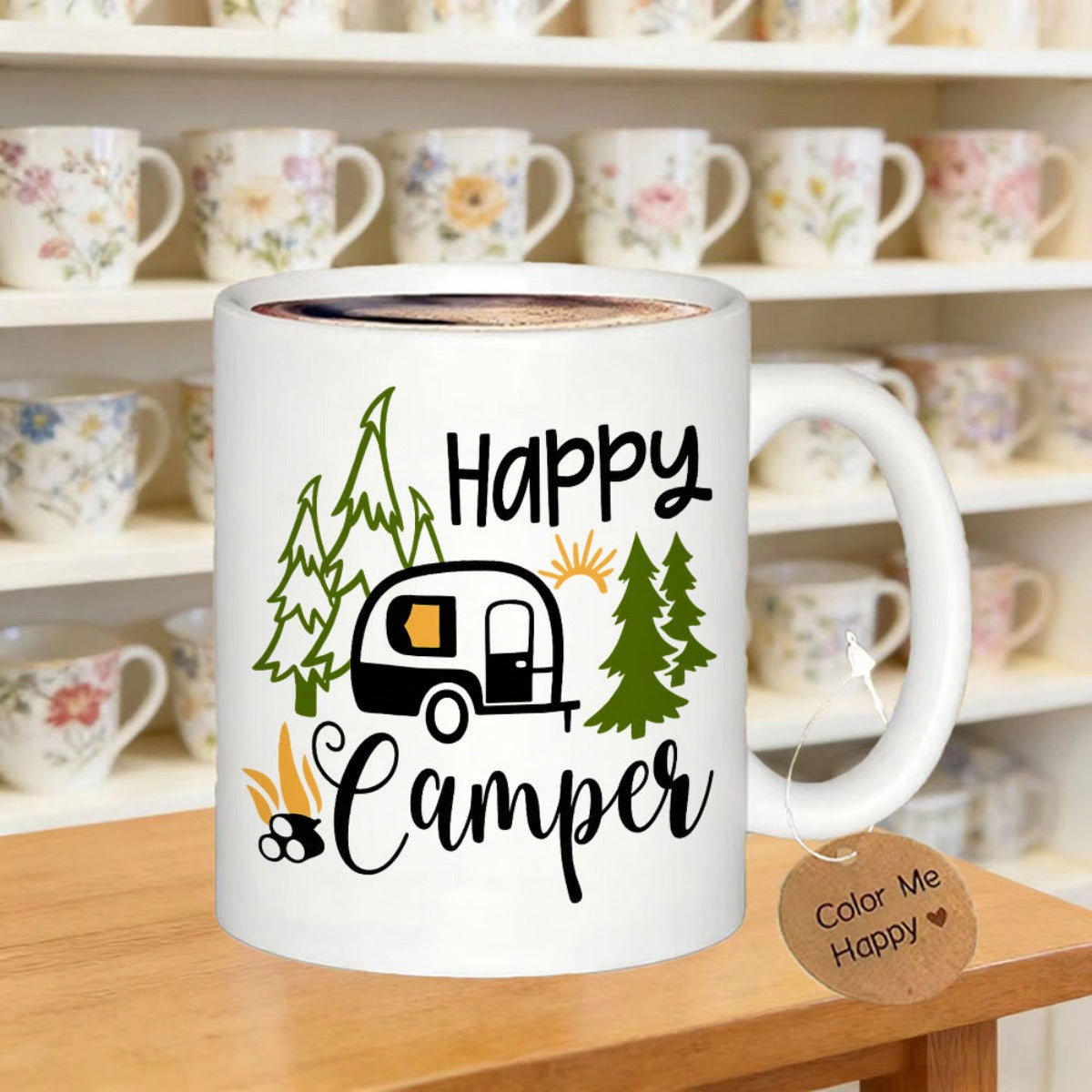 Tailorly White Ceramic 11 oz Mug - Happy Camper Retro Teardrop Trailer Surrounded By Evergreen Pine Trees And Warm Campfire Camper