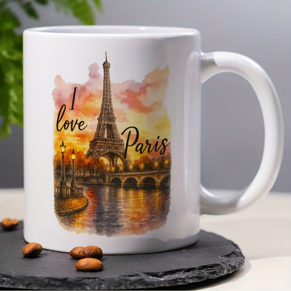 Tailorly White Ceramic 11 oz Mug - I Love Paris Watercolor Artistic Sunset Scene Over River Under The Golden Eiffel Tower