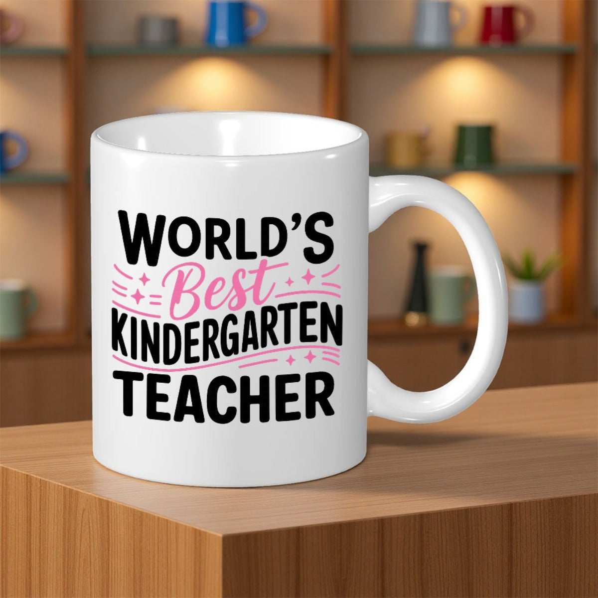 Tailorly White Ceramic 11 oz Mug - Worlds Best Kindergarten Teacher Minimalist Pink Flourishes And Sparkles On A Ceramic Mug