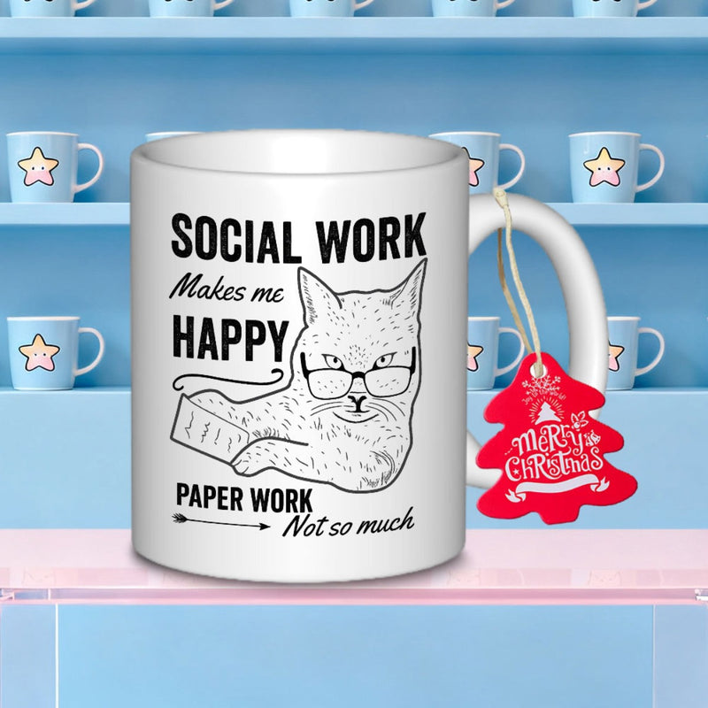 Tailorly White Ceramic 11 oz Mug - Social Work Makes Me Happy Paper Work Not So Much Hand Drawn Sketch Of A Focused Cat Wearing Modern Reading Glasses Cat