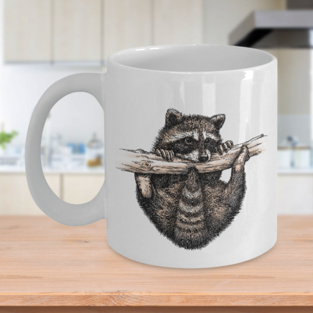 Tailorly White Ceramic 11 oz Mug - Curiously Hanging Hand Drawn Sketch Forest Animal From A Tree Branch Raccoon
