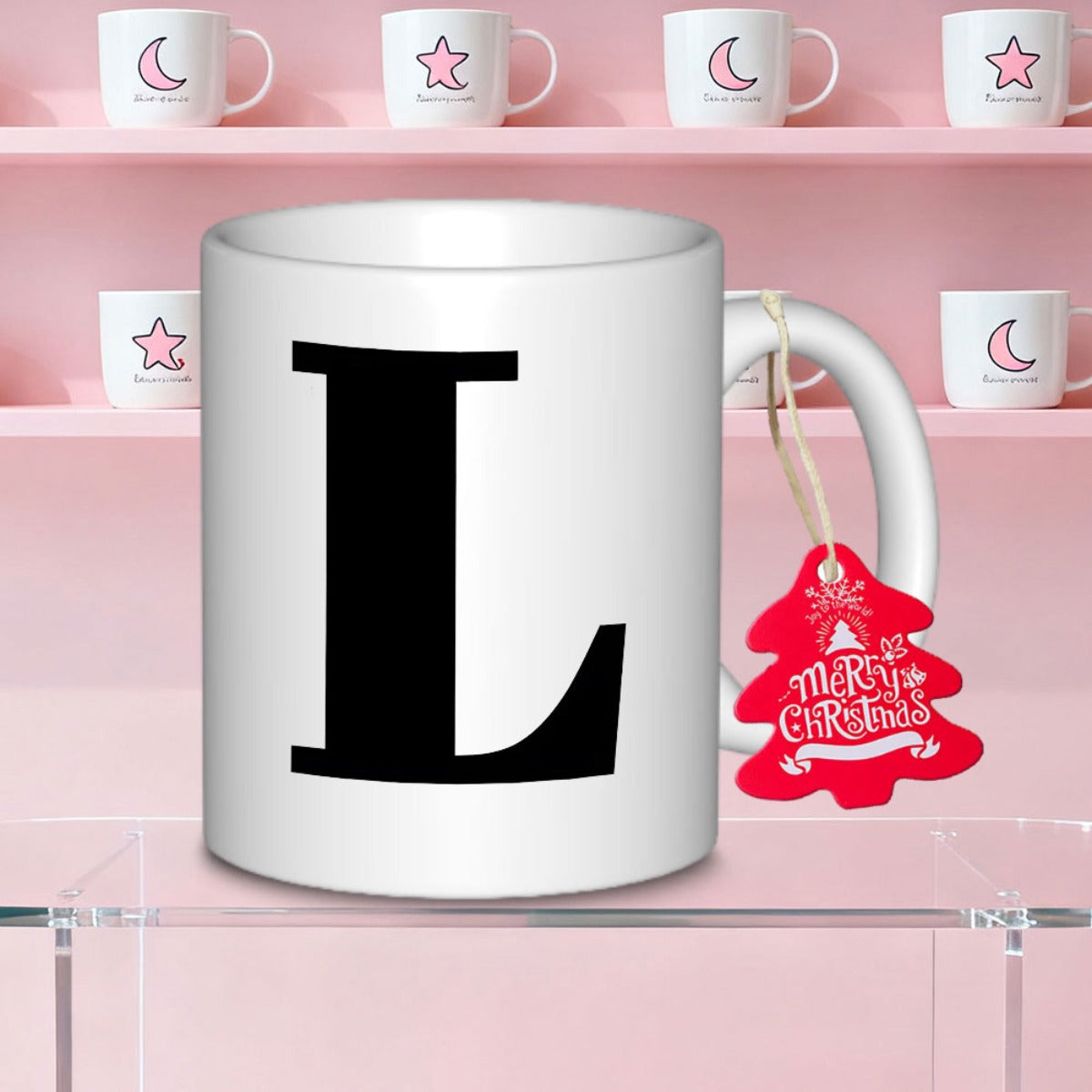Tailorly White Ceramic 11 oz Mug - L Merry Christmas Bold Black Serif Letter Centered On Polished White Minimalist Ceramic Mug