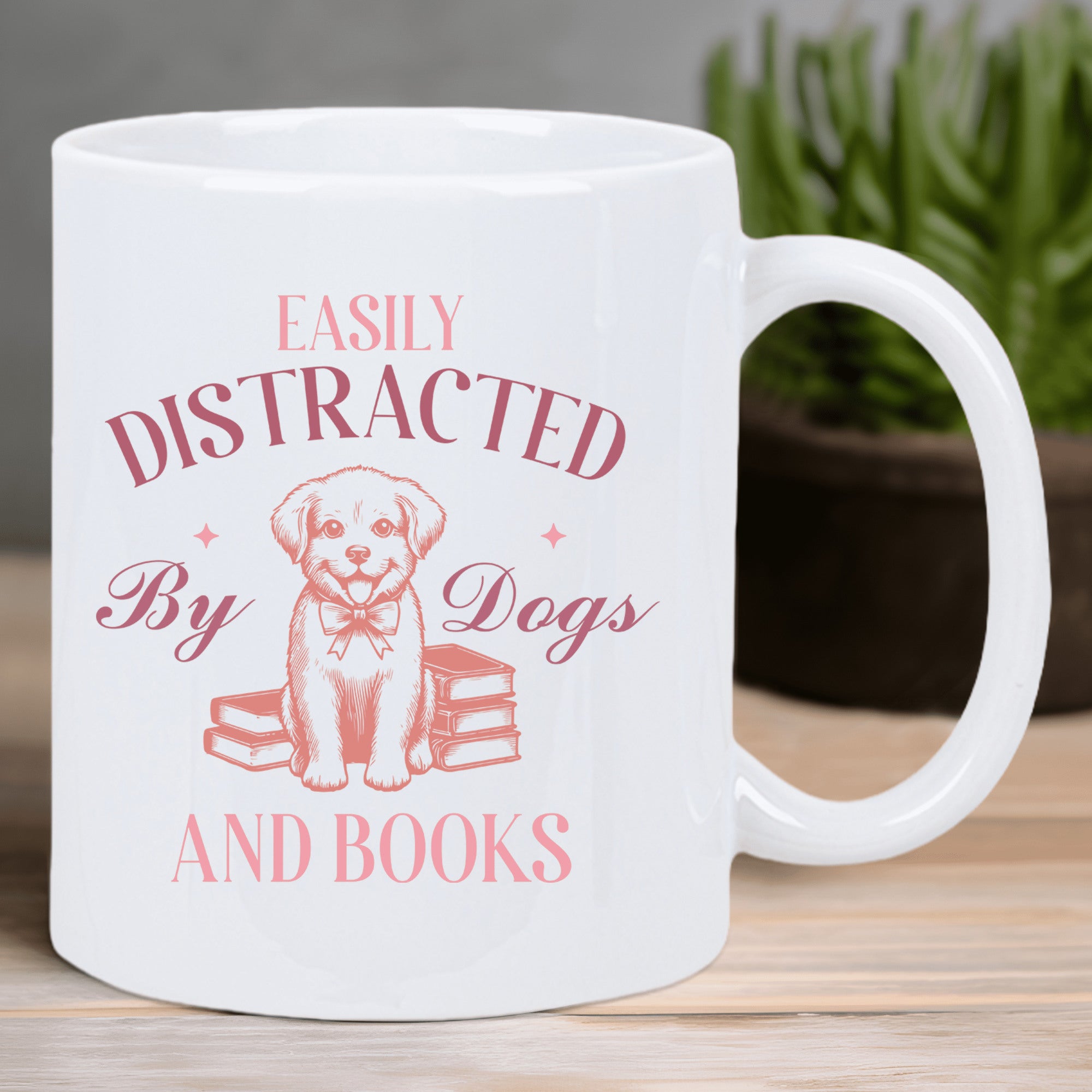 Tailorly White Ceramic 11 oz Mug - Easily Distracted By Dogs And Books Adorable Cartoon Puppy Sitting Among Stacks Of Vintage Style Books Puppy