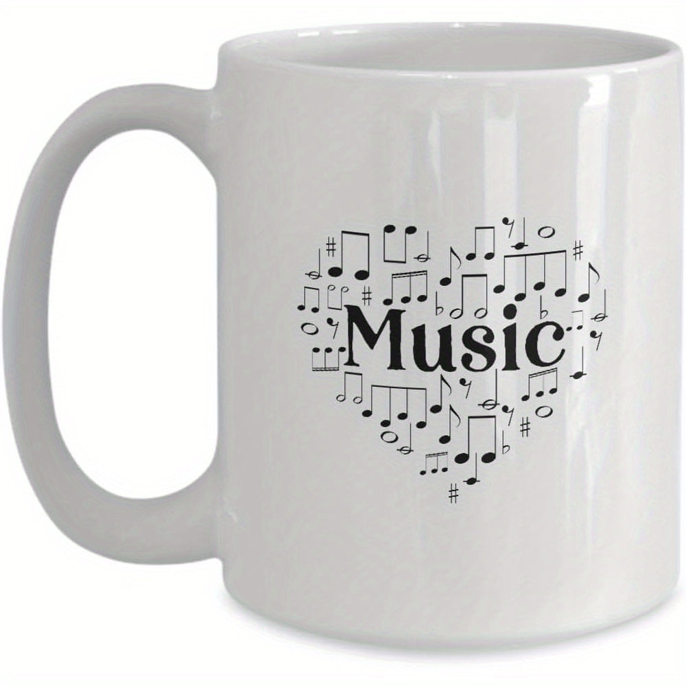 Tailorly White Ceramic 11 oz Mug - Music Elegant Black Musical Notes Flowing Together To Form A Harmonious Heart