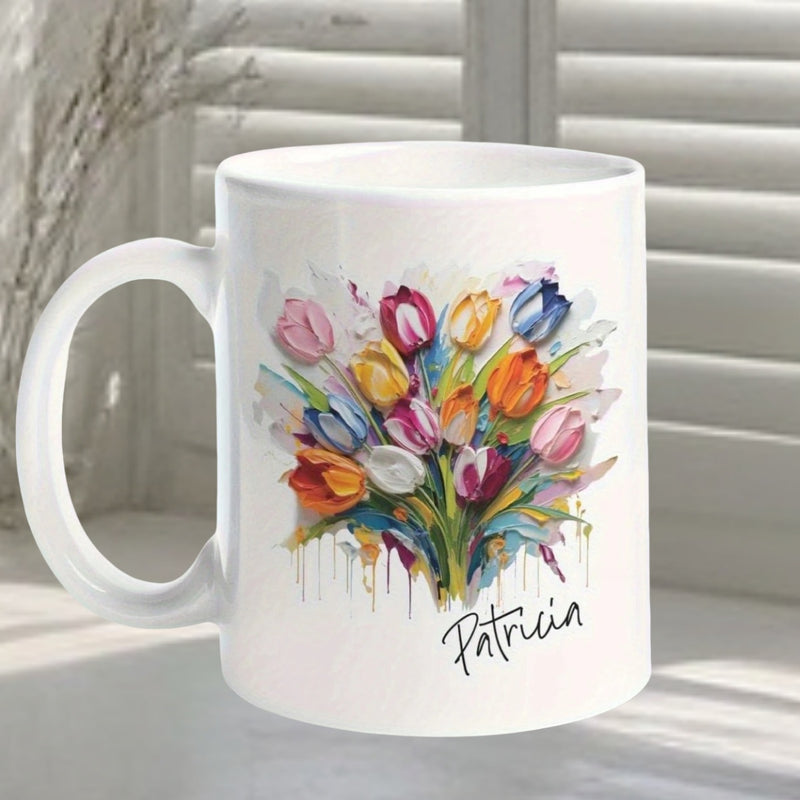 Tailorly White Ceramic 11 oz Mug - Patricia Vibrant Colorful Watercolor Style Bouquet Blossoming In The Morning Light Tulip