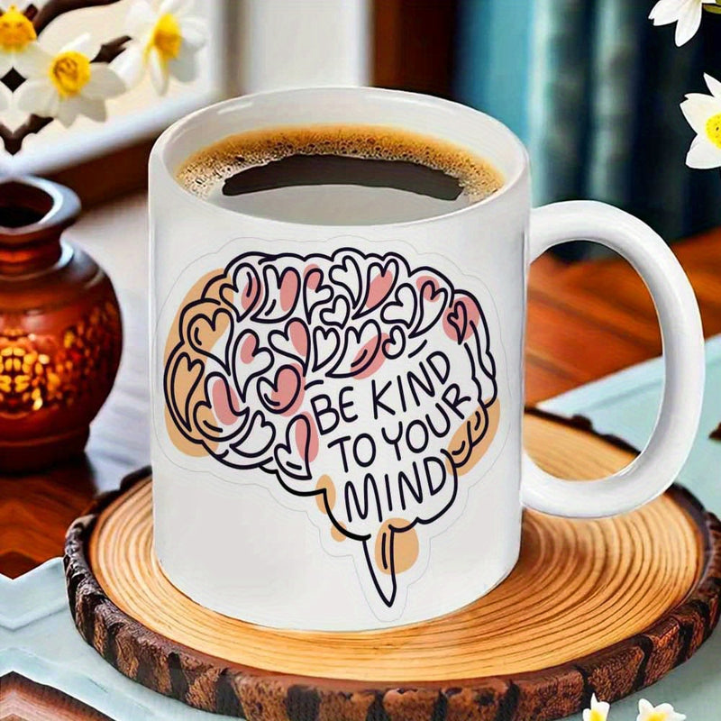 Tailorly White Ceramic 11 oz Mug - Be Kind To Your Mind Artistic Hand Drawn Human Brain Filled With Decorative Pink Hearts Brain