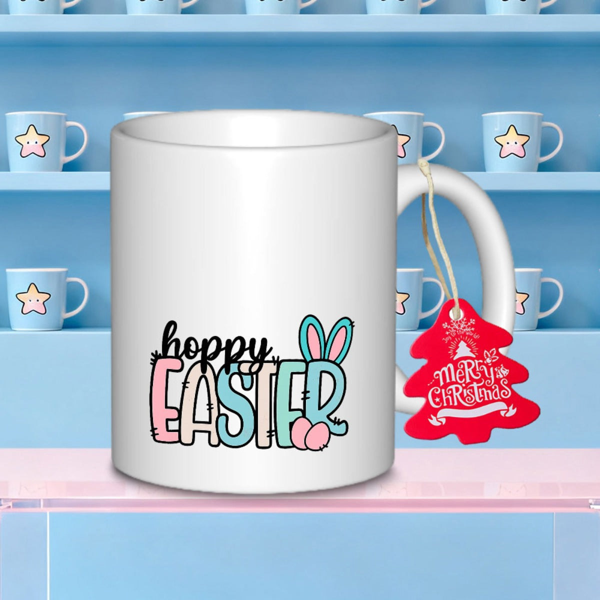 Tailorly White Ceramic 11 oz Mug - Hoppy Easter Vibrant Festive Pastel Letters With Cute Bunny Ears For Seasonal Celebration Mug