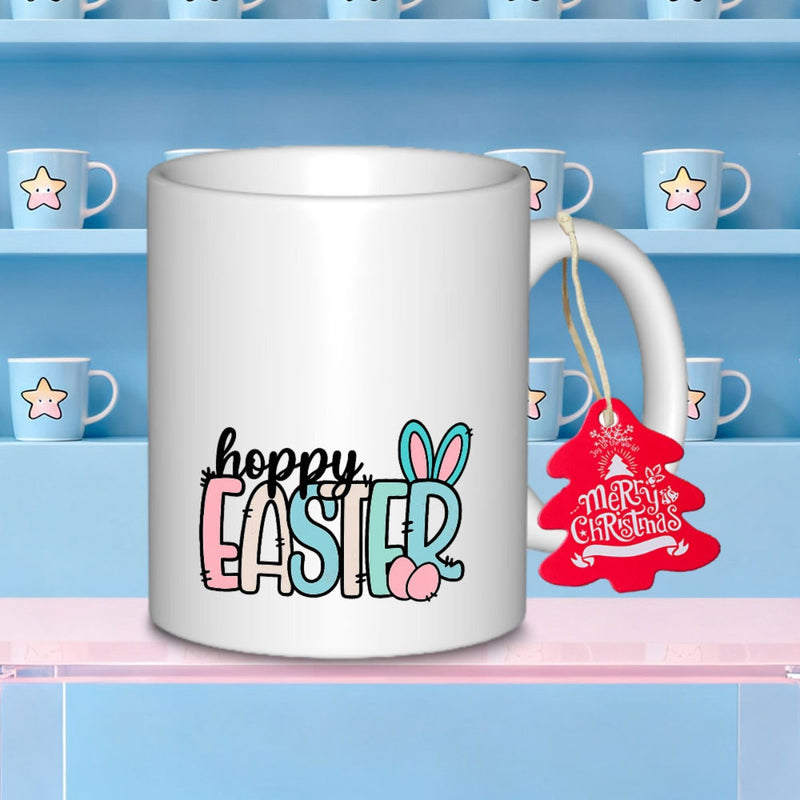 Tailorly White Ceramic 11 oz Mug - Hoppy Easter Vibrant Festive Pastel Letters With Cute Bunny Ears For Seasonal Celebration Mug