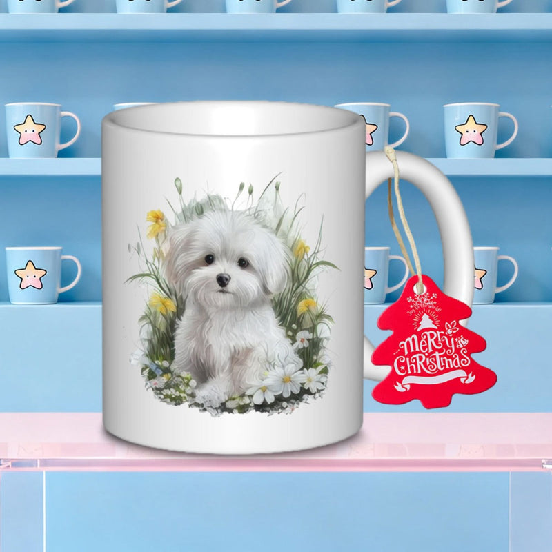 Tailorly White Ceramic 11 oz Mug - Fluffy White Puppy Sitting Peacefully Among Blooming Yellow Meadow Flowers Dog