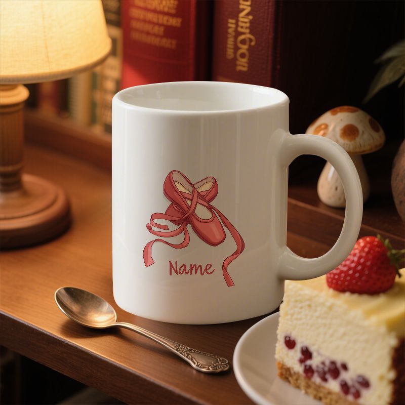Tailorly White Ceramic 11 oz Mug - Name Elegant Pink Pointe Shoes With Silk Ribbons Hanging Gracefully Ballet Shoes