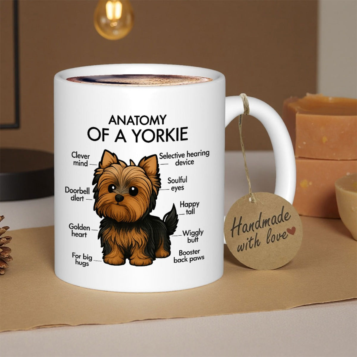Tailorly White Ceramic 11 oz Mug - Anatomy Of A Yorkie Charming Cartoon Yorkshire Terrier With Playful Descriptive Anatomy Phrases Across White Surface Yorkie