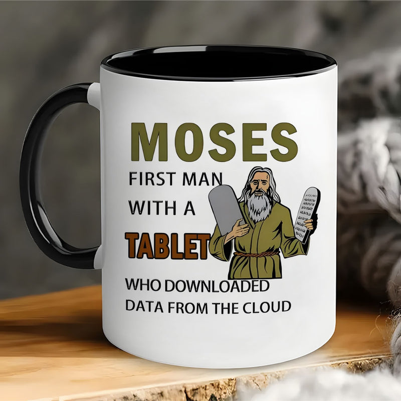 Tailorly Black Accent 11 oz Mug - humorous moses first for man with a tablet text and illustration