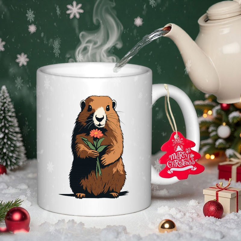 Tailorly White Ceramic 11 oz Mug - Merry Christmas Gentle Brown Marmot Standing Upright Holding A Small Pink Flower Marmot