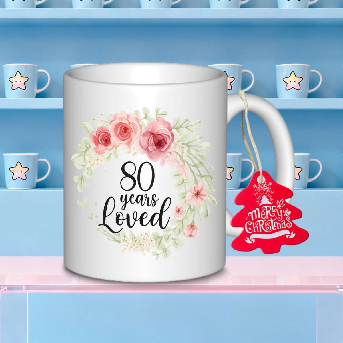Tailorly White Ceramic 11 oz Mug - 80 Years Loved Elegant Watercolor Pink Roses And Green Leaves Arranged In Floral Wreath Mug