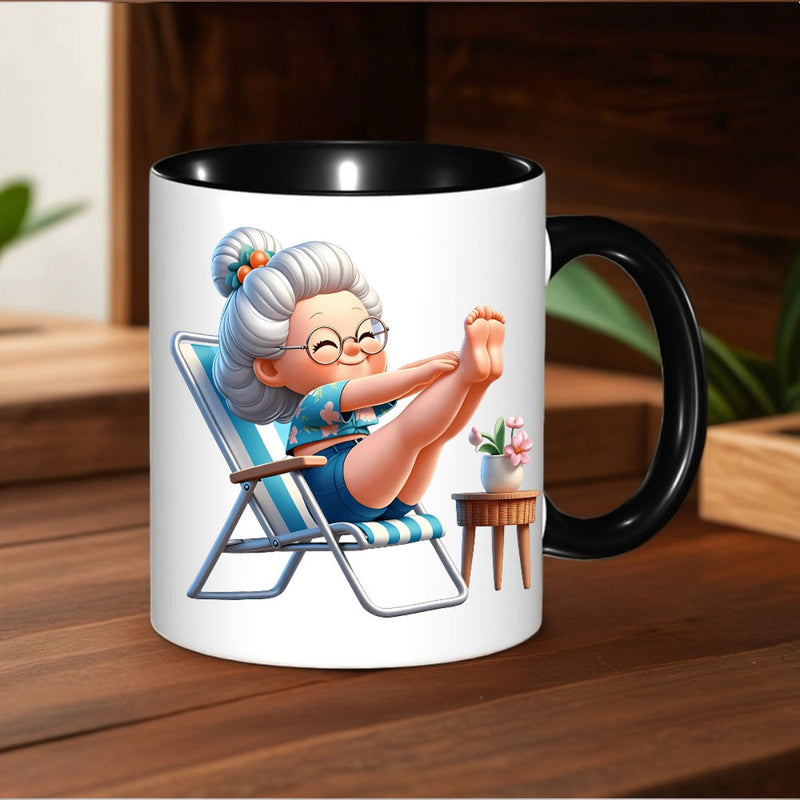 Tailorly Black Accent 11 oz Mug - elderly woman relaxing illustration