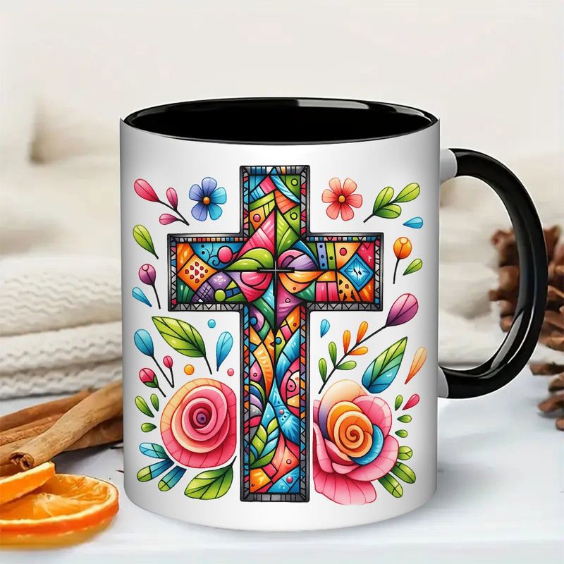 Tailorly Black Accent 11 oz Mug - christian cross with book sections like psalm