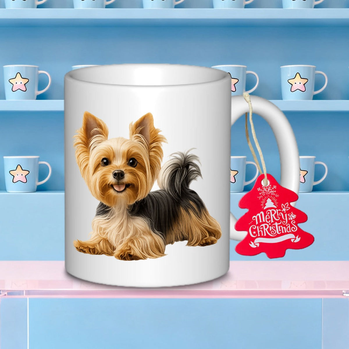 Tailorly White Ceramic 11 oz Mug - Merry Christmas Realistic Small Fluffy Terrier Sitting Peacefully On A Clean White Surface Yorkshire Terrier