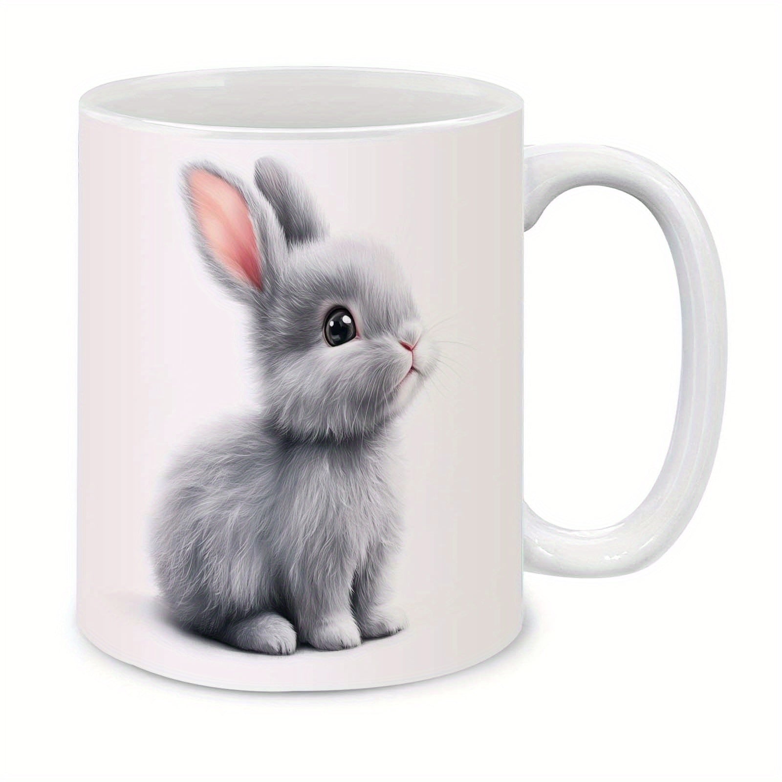 Tailorly White Ceramic 11 oz Mug - Fluffy Gray Bunny With Large Eyes Sitting Peacefully On White Surface Rabbit