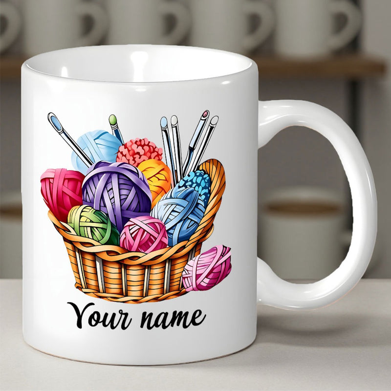 Tailorly White Ceramic 11 oz Mug - Your Name Colorful Balls Of Wool And Knitting Needles Inside Woven Basket