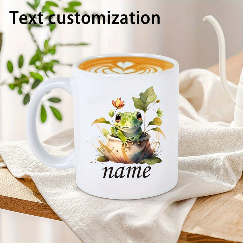 Tailorly White Ceramic 11 oz Mug - Name Whimsical Watercolor Illustration Of A Tiny Pot Surrounded By Green Leaves Frog