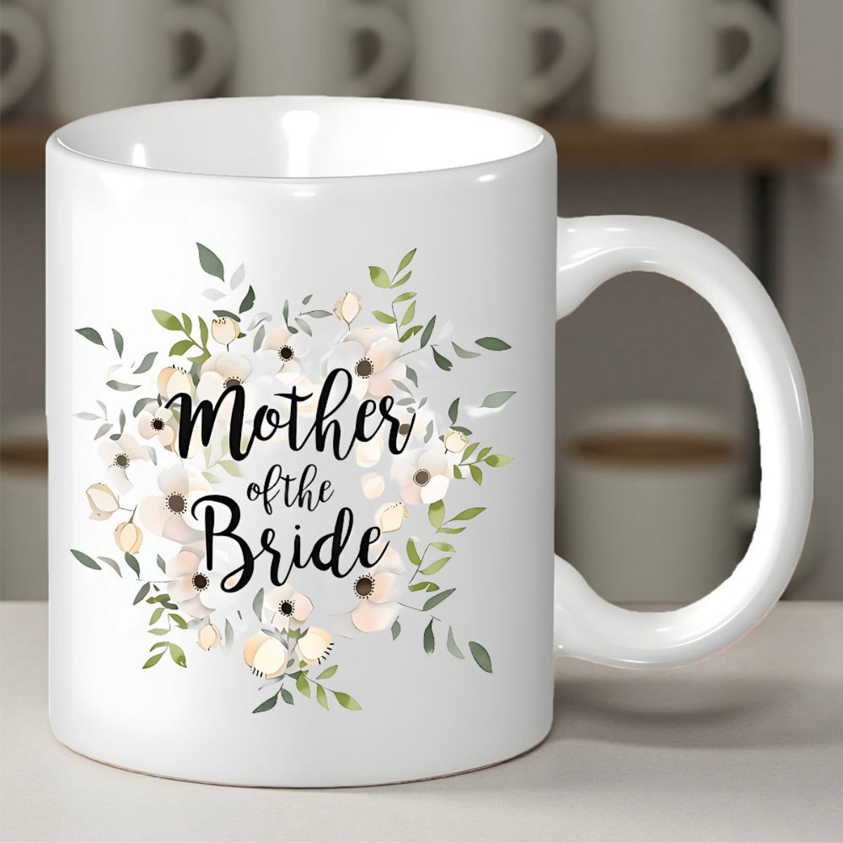 Tailorly White Ceramic 11 oz Mug - Mother Of The Bride Elegant Watercolor Floral Wreath With Delicate Green Leaves And Blossoms Flower