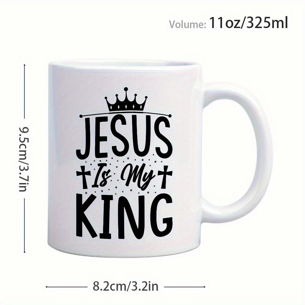 Tailorly White Ceramic 11 oz Mug - Jesus Is My King Religious Typographic Art With Crosses And Ornate Royal Crown