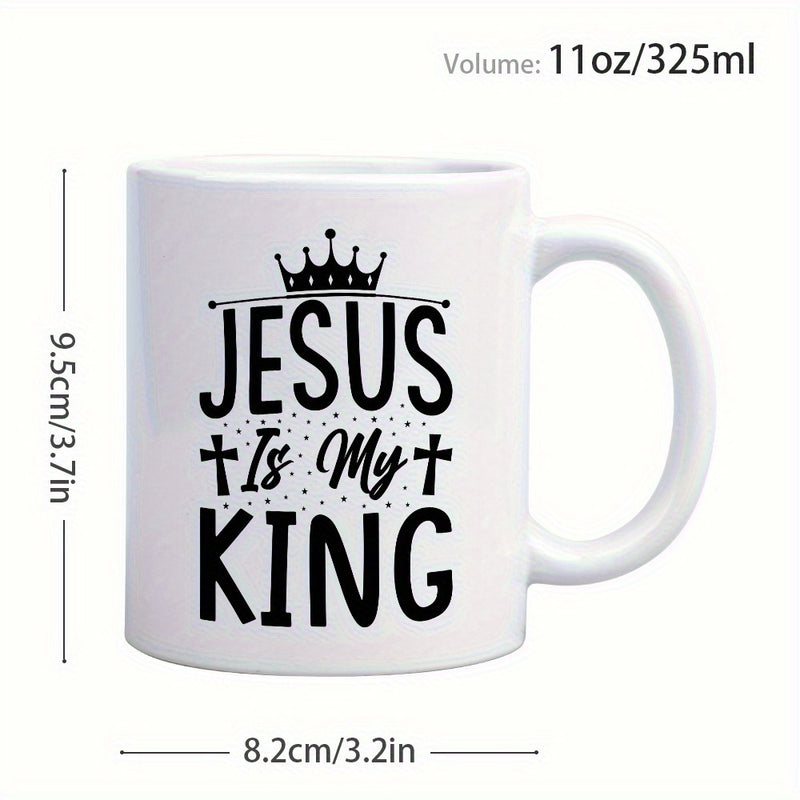 Tailorly White Ceramic 11 oz Mug - Jesus Is My King Religious Typographic Art With Crosses And Ornate Royal Crown