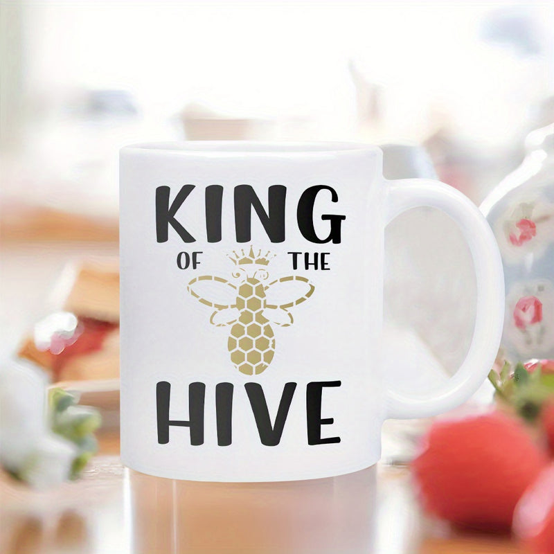 Tailorly White Ceramic 11 oz Mug - King Of The Hive Stylized Golden Honeycomb Pattern With Delicate Wings Wearing Royal Tiny Crown Bee