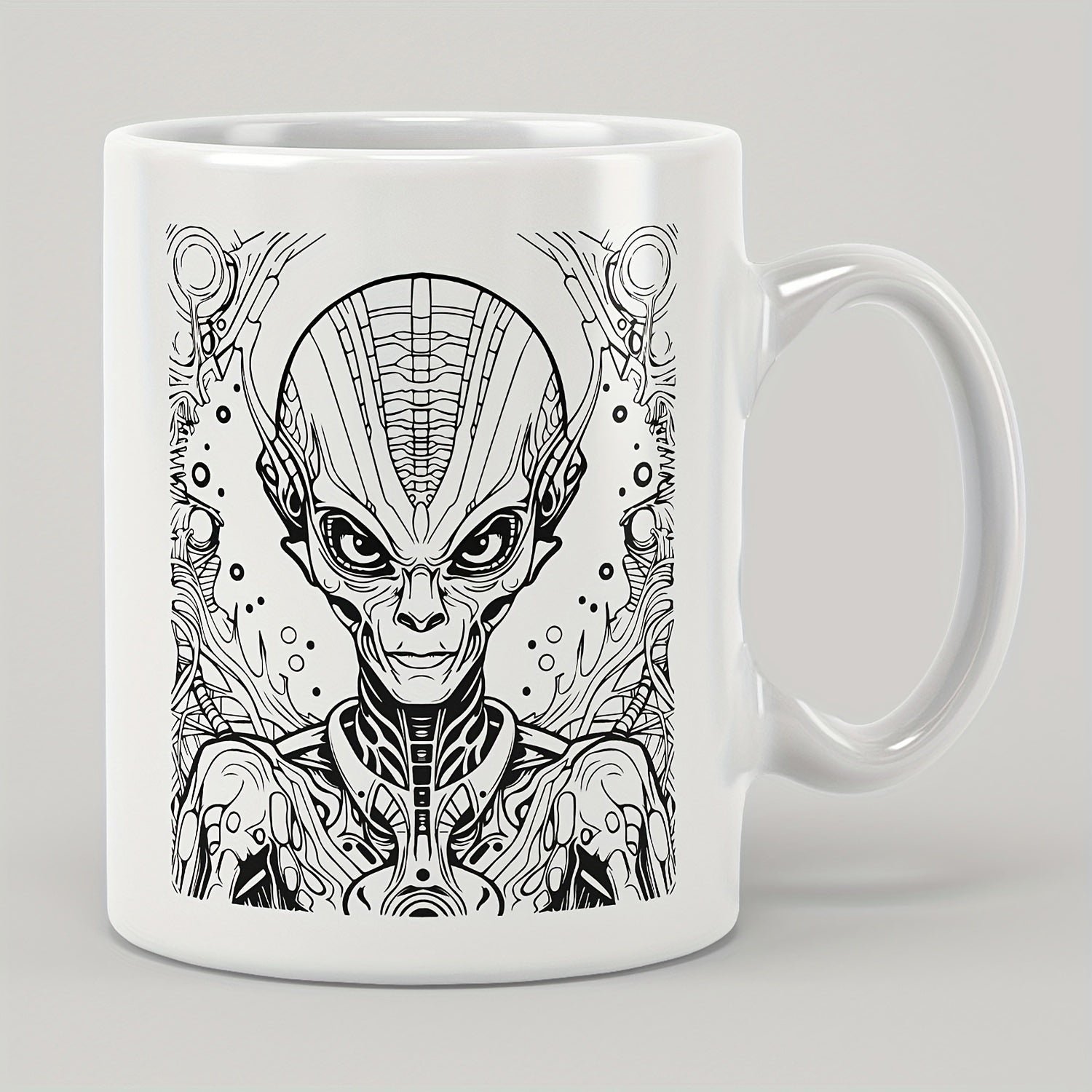 Tailorly White Ceramic 11 oz Mug - Intricate Black And White Cybernetic Creature Featuring Detailed Mechanical Patterns Sci Fi Alien