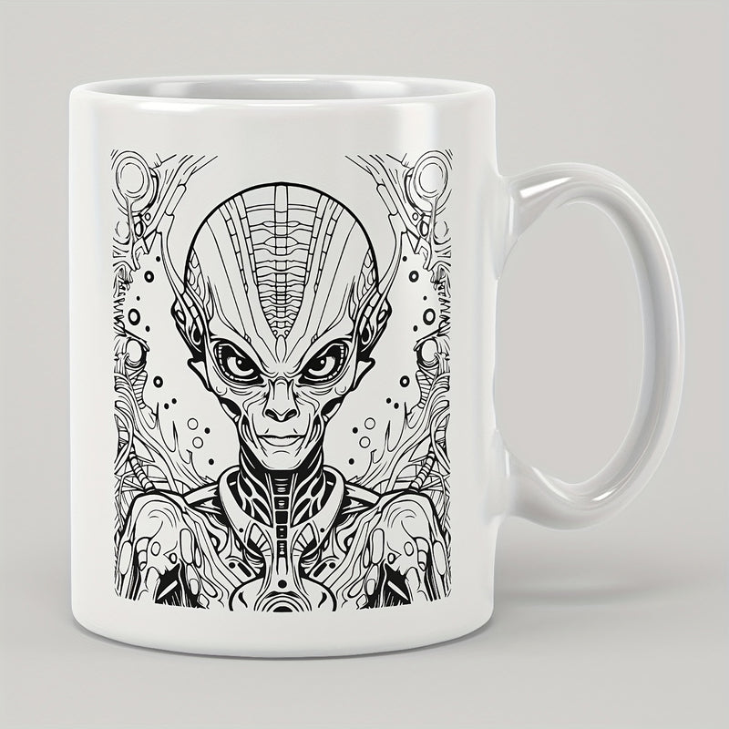 Tailorly White Ceramic 11 oz Mug - Intricate Black And White Cybernetic Creature Featuring Detailed Mechanical Patterns Sci Fi Alien
