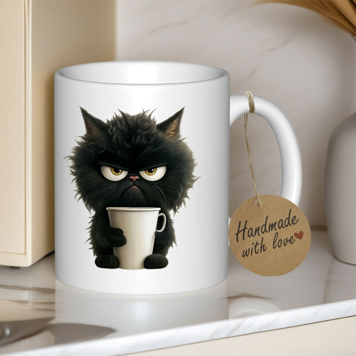 Tailorly White Ceramic 11 oz Mug - Handmade With Love Funny Angry Fluffy Black Kitten Holding A Tiny White Coffee Cup Cat