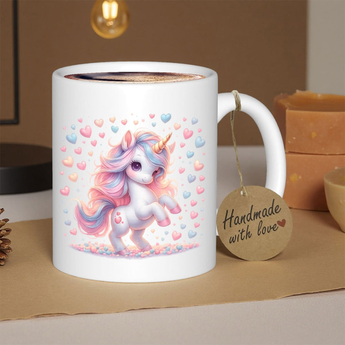 Tailorly White Ceramic 11 oz Mug - Handmade With Love Enchanting Pastel Mane Creature Surrounded By Many Soft Heart Shapes Unicorn