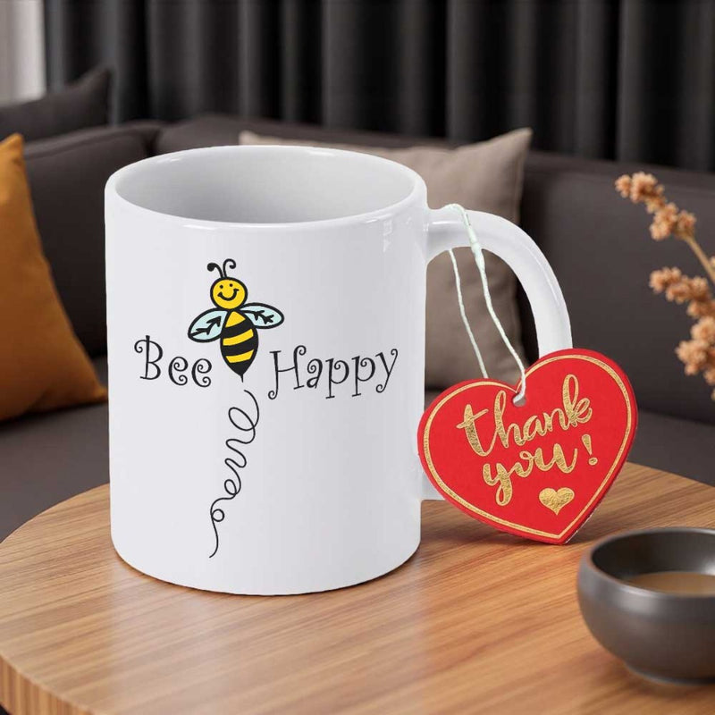 Tailorly White Ceramic 11 oz Mug - Bee Happy Thank You Cute Smiling Cartoon Bumblebee With Dainty Wings And Whimsical Swirling Flight Path Bee