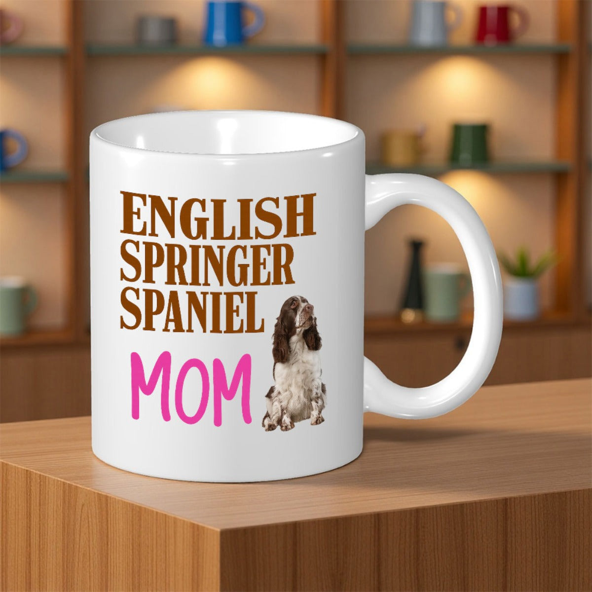 Tailorly White Ceramic 11 oz Mug - English Springer Spaniel Mom Faithful Sitting Brown And White Pedigree Pet With Long Fluffy Ears Dog