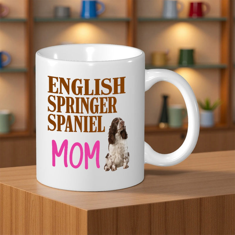 Tailorly White Ceramic 11 oz Mug - English Springer Spaniel Mom Faithful Sitting Brown And White Pedigree Pet With Long Fluffy Ears Dog