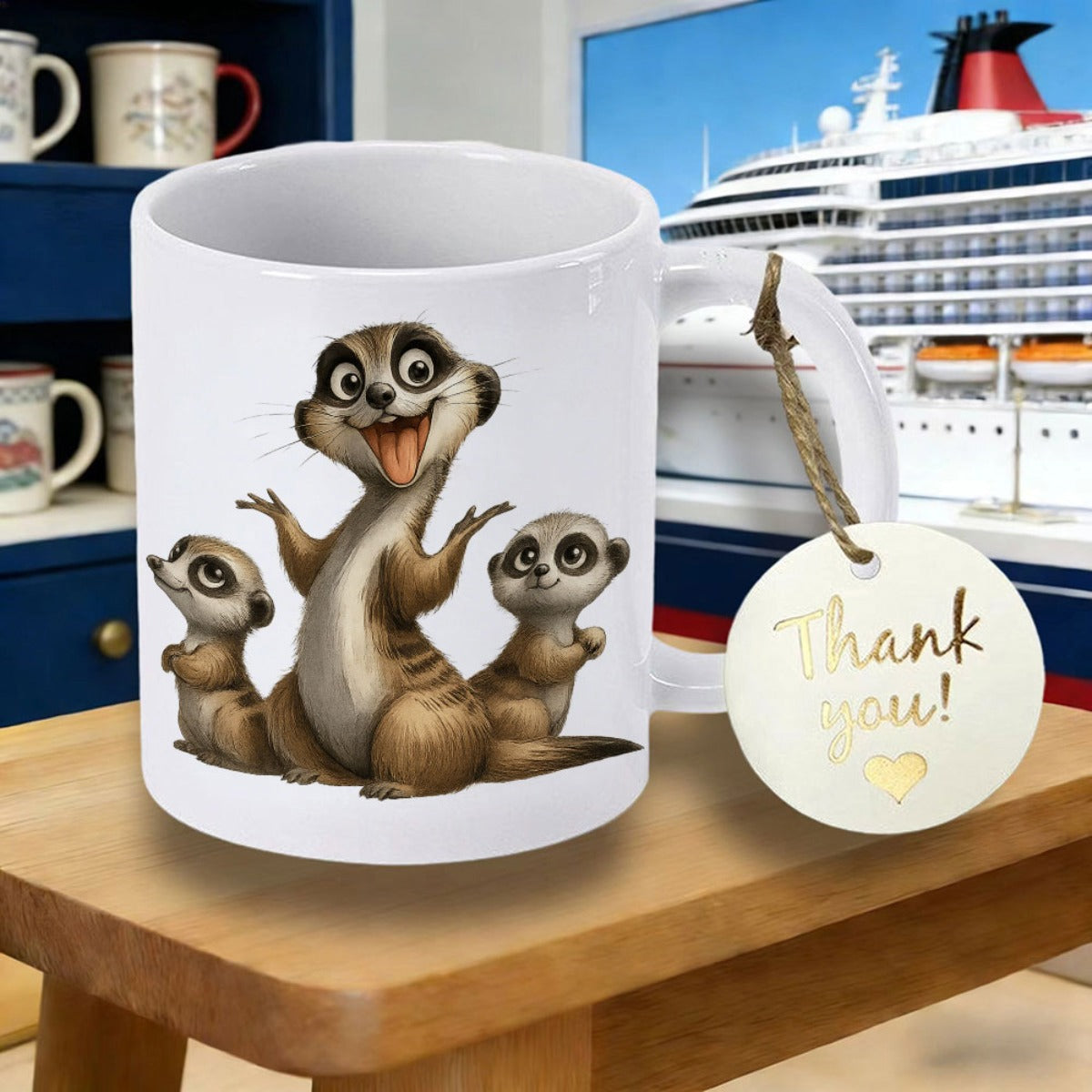 Tailorly White Ceramic 11 oz Mug - Thank You Three Joyful Cartoon Animals Posing Together In A Standing Position Meerkat