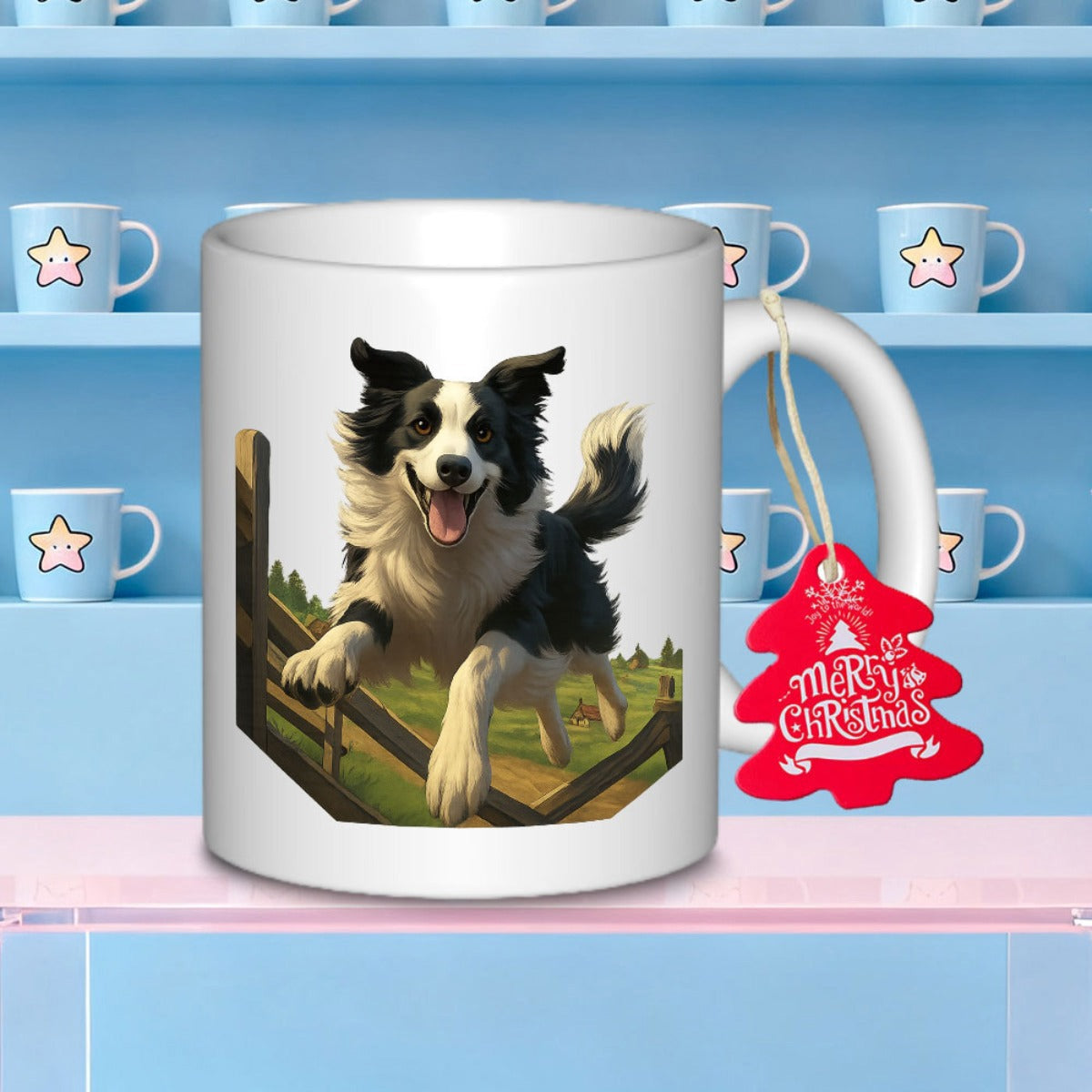 Tailorly White Ceramic 11 oz Mug - Active Border Collie Leaping Over Wooden Fence In Grassy Field Dog