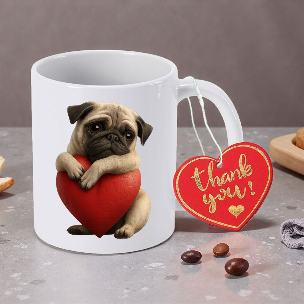 Tailorly White Ceramic 11 oz Mug - Thank You Adorable Small Pug Dog Embracing A Large Vibrant Red Heart Pug